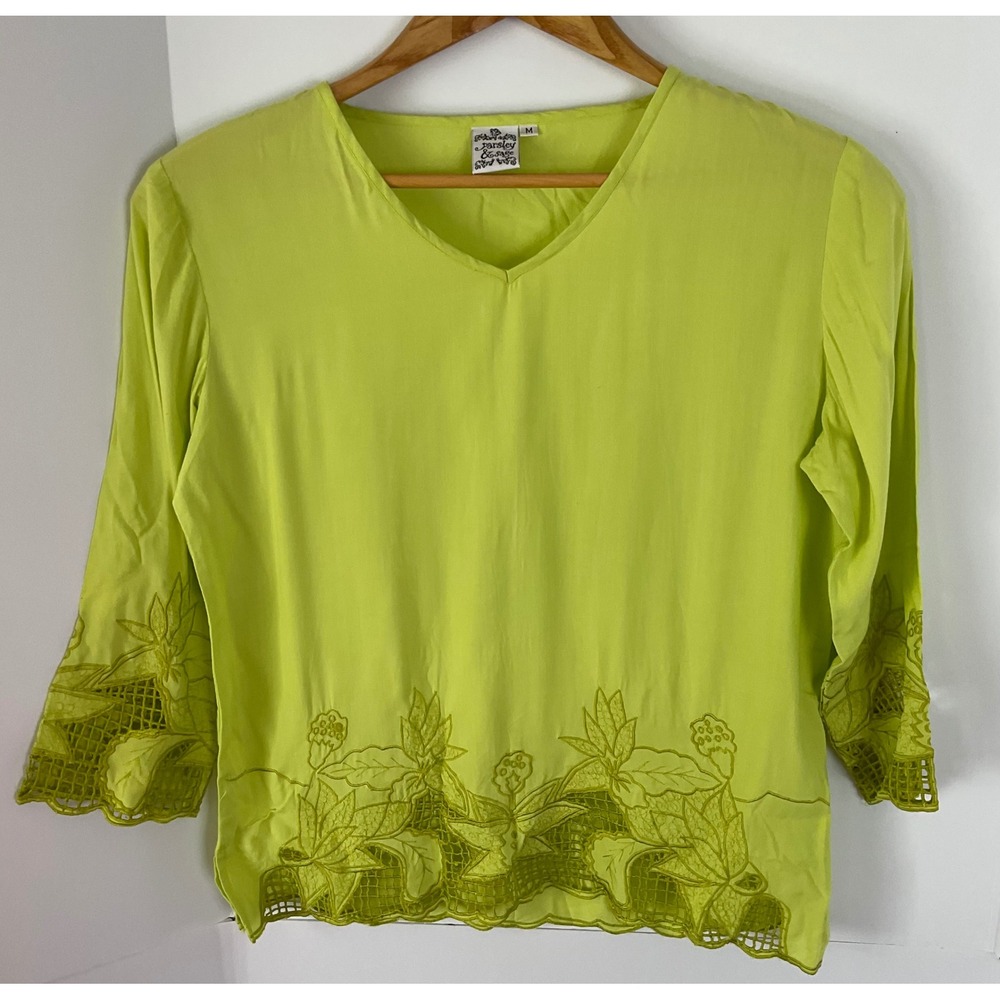 Parsley & Sage Lime Green Embroidered Crochet Rayon Blouse V-Neck 3/4 Sleeve M